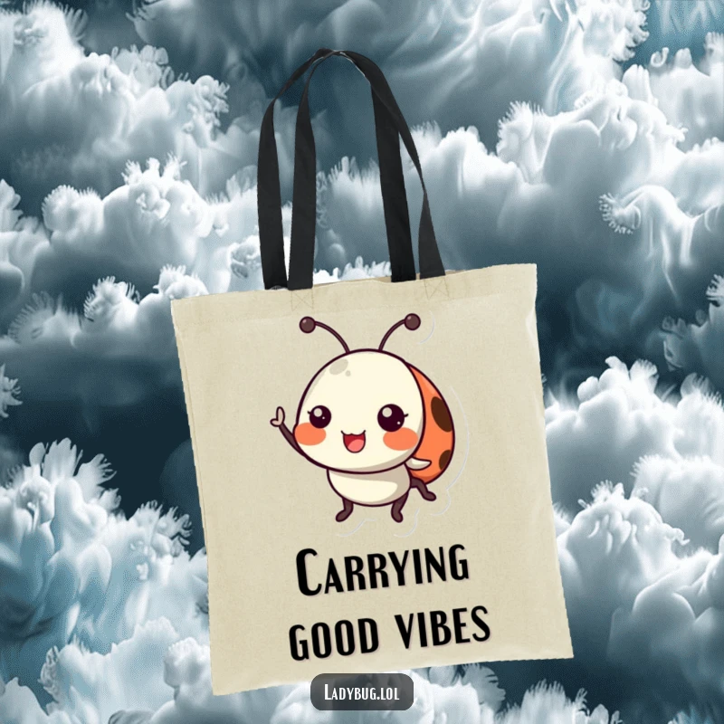 Funny ladybug tote bag featuring a happy ladybug character waving its tiny antennae, adding cheerful practicality.