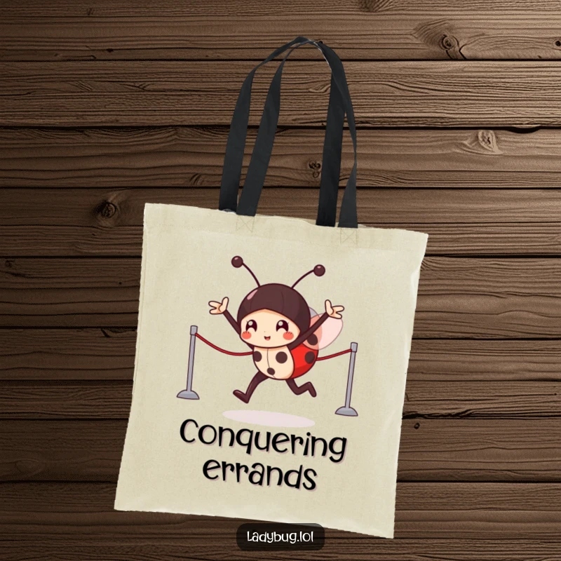 Funny Tote Bag: A victorious ladybug character crossing an imaginary finish line, symbolizing achievement and success.