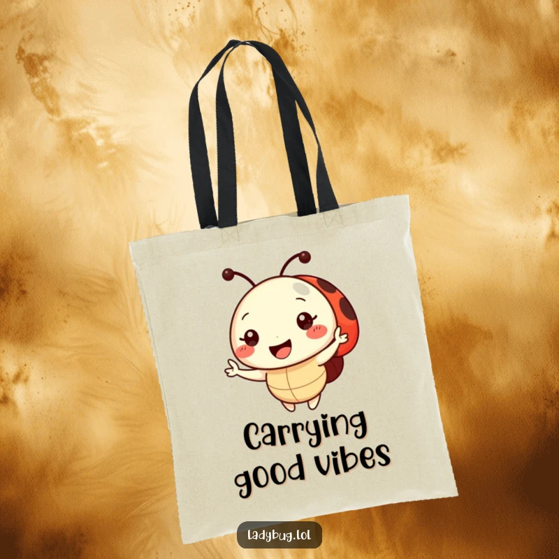 Funny Tote Bag showcasing a cute ladybug character with a radiant smile, offering a friendly wave while carrying a load.