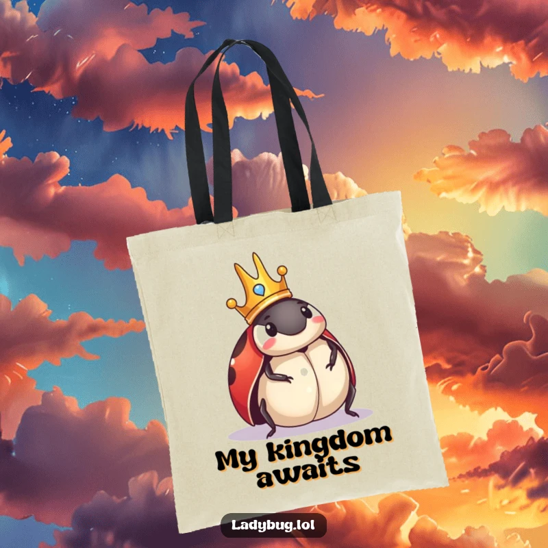 Funny Ladybug Tote Bag: Tote bag featuring a crowned ladybug comically surveying its surroundings, perfect for carrying royal decrees.