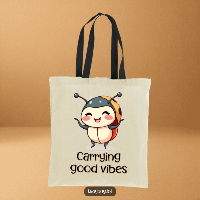 Funny smiling ladybug tote bag with a ladybug doing a shimmy, perfect for carrying essentials with a humorous and happy bug theme.