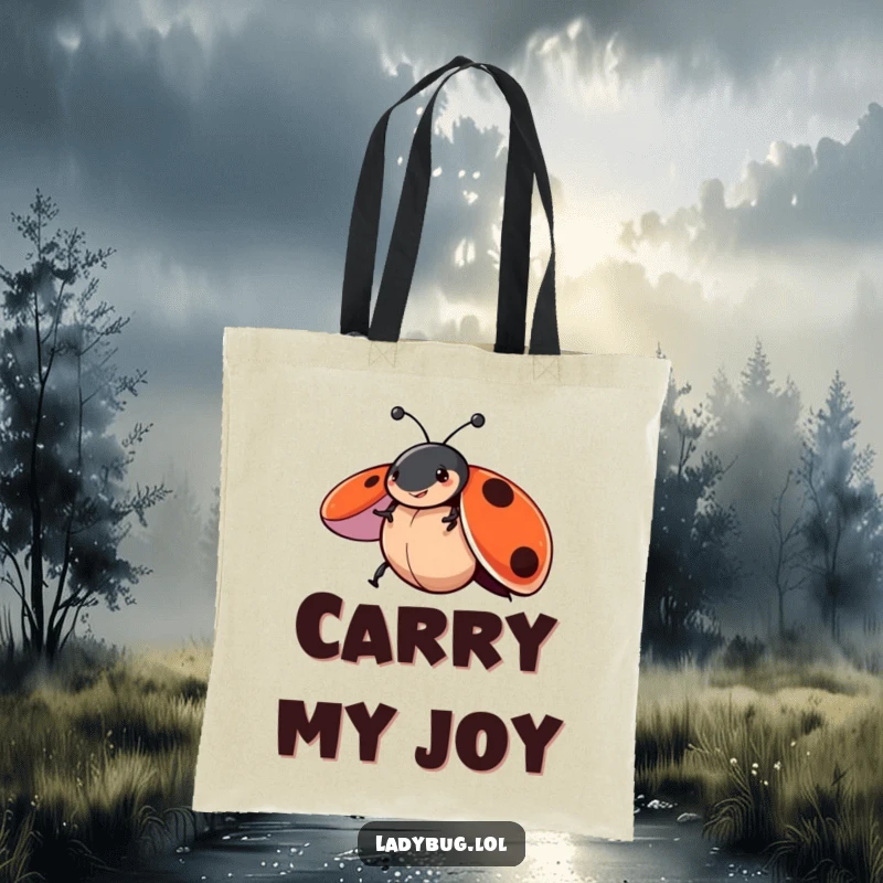 Funny tote bag with a ladybug character joyfully spinning with its wings spread wide, perfect for carrying essentials with playful charm.