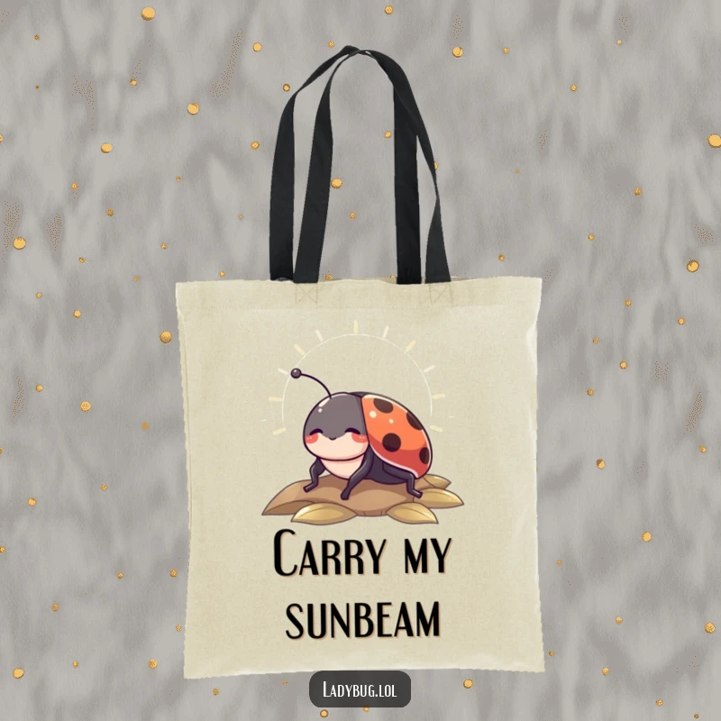 Funny tote bag with a contented ladybug enjoying a sunbeam, perfect for shopping and everyday use.