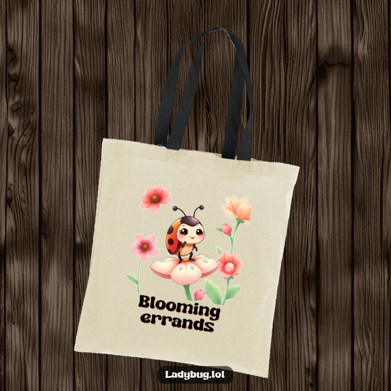 Funny ladybug tote bag showcasing a proud ladybug character winking mischievously while standing atop a blooming flower petal.