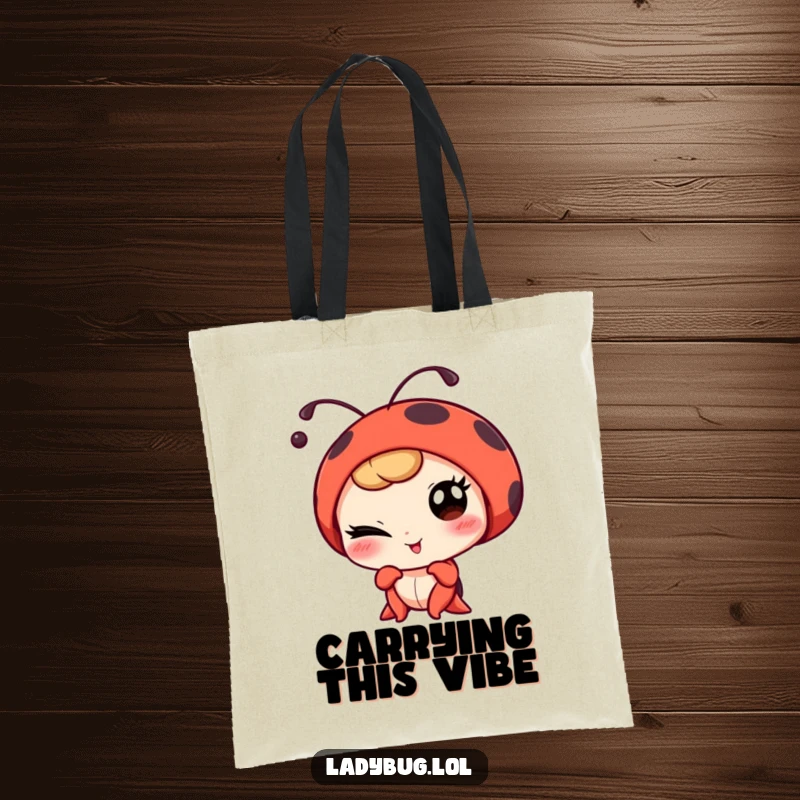 Funny winking ladybug character playfully posing for a portrait, on a chic and humorous tote bag.