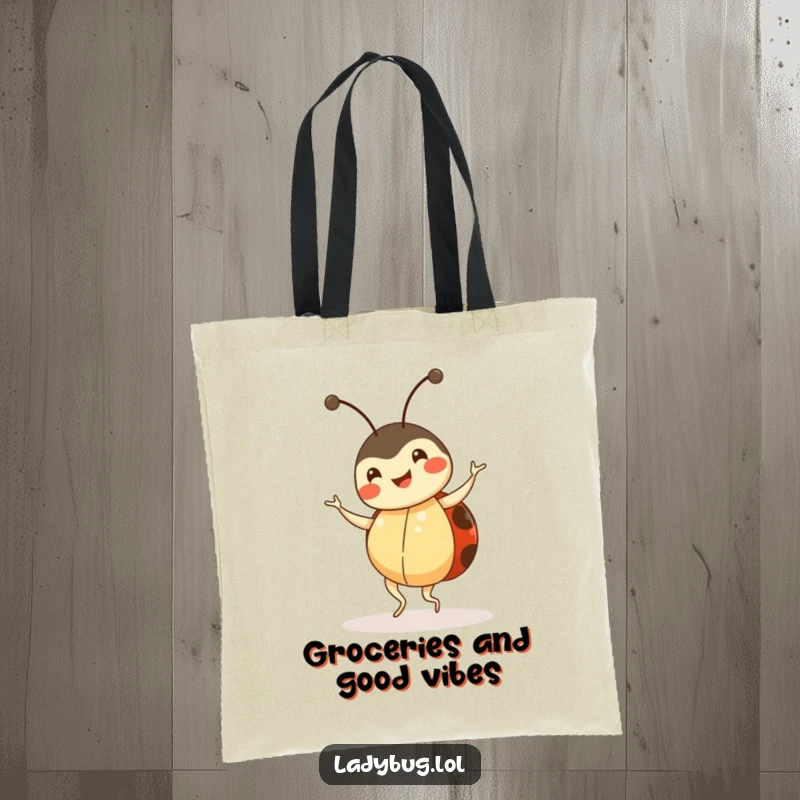 Funny ladybug tote bag, happy insect character doing a little dance, durable and stylish, humorous carryall.