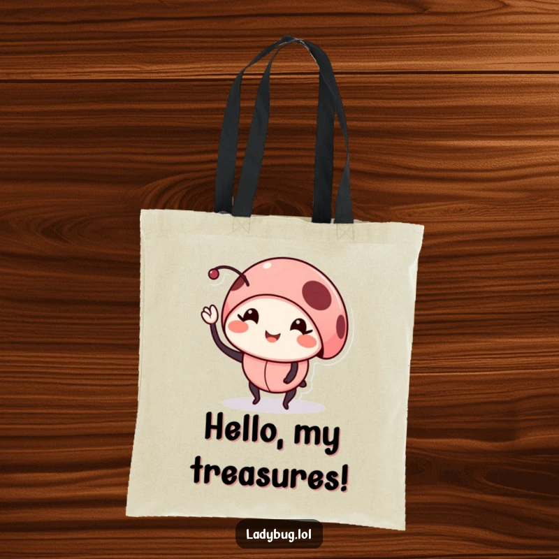 Funny smiling ladybug tote bag, showing a bug waving a leg, practical and charming for everyday use.