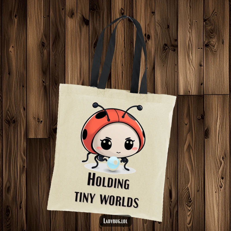 Funny tote bag showcasing a determined ladybug character intently examining a dewdrop, great for everyday exploration.