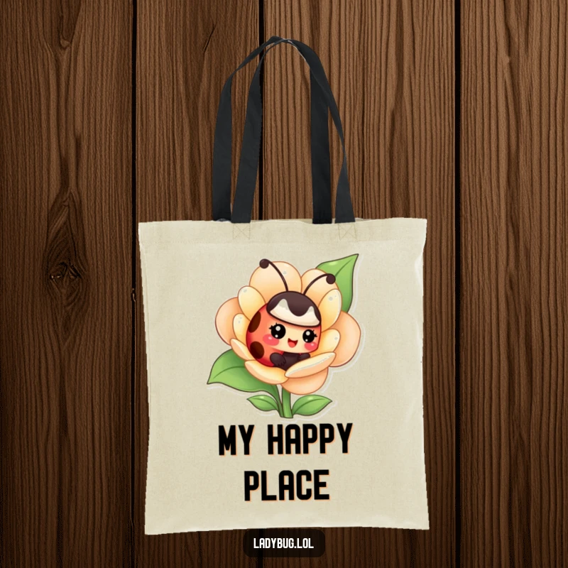 Funny tote bag featuring a giggling ladybug hiding inside a flower, perfect for carrying items with a playful secret.