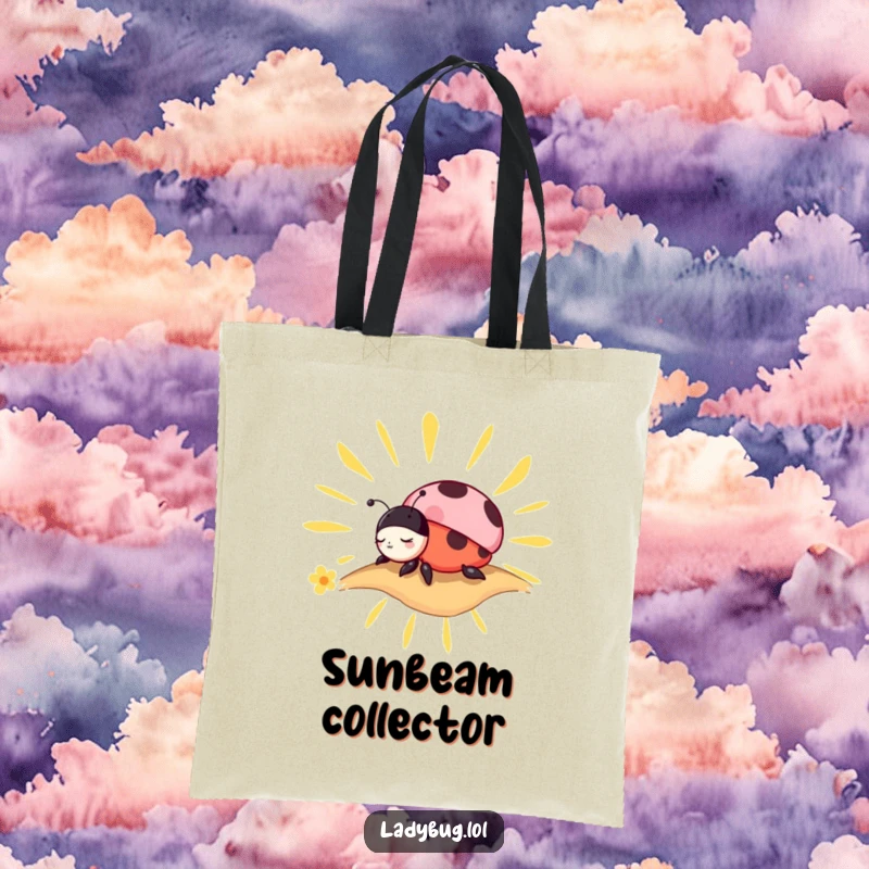 Funny Tote Bag: A charming ladybug character enjoying a nap on a stylized sunbeam, perfect for carrying essentials peacefully.