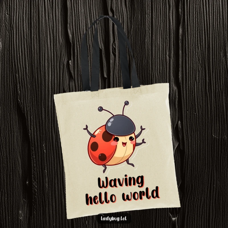 Funny ladybug tote bag showing a gleeful insect character excitedly waving its tiny antennae, perfect for carrying happy greetings.